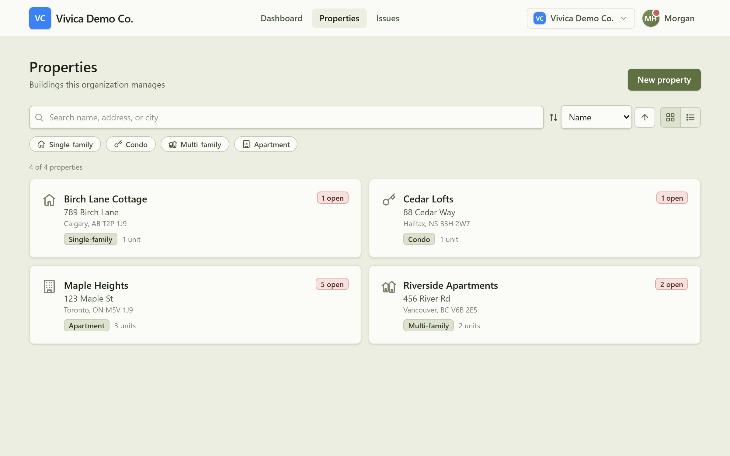 The Vivica properties page: an apartment building, a multi-family home, a single-family cottage and a condo, each with unit counts and open issues at a glance.